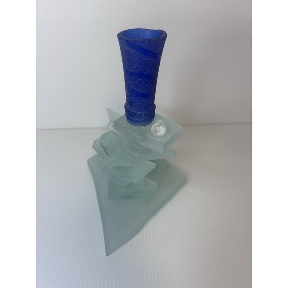 Modern Abstract Stacked Glass Candlestick Holder Blue Clear Frosted 7.5" - Picture 2 of 7